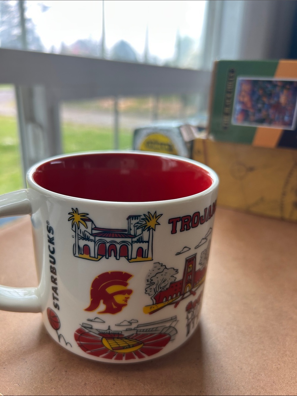 Starbucks White Mug with Red Interior and USC Trojans Graphics